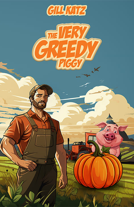 A cartoonish pig with a large grin, surrounded by piles of food, showcasing its greedy nature and insatiable appetite.